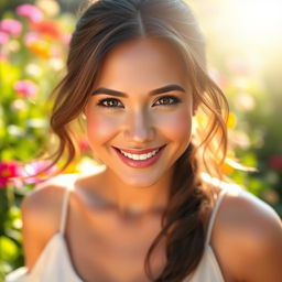 A beautiful woman with radiant skin glowing in the sunlight, showcasing a flawless complexion that appears bright and luminous