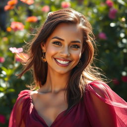 A beautiful woman with radiant skin glowing in the sunlight, showcasing a flawless complexion that appears bright and luminous