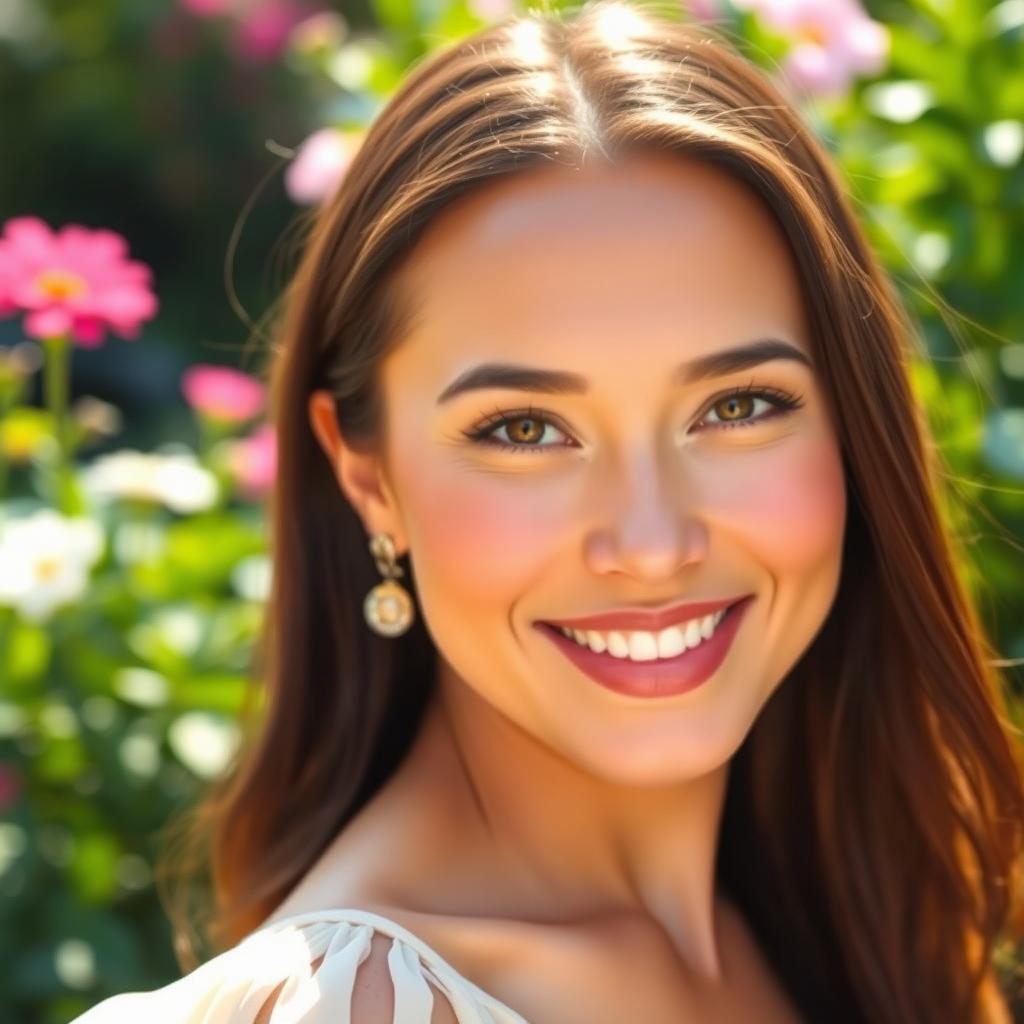 A beautiful woman with radiant skin glowing in the sunlight, showcasing a flawless complexion that appears bright and luminous