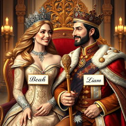 A realistic portrait of a royal couple, a queen and a king, elegantly dressed in exquisite costumes that reflect their majestic status