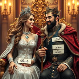 A realistic portrait of a royal couple, a queen and a king, elegantly dressed in exquisite costumes that reflect their majestic status