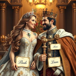 A realistic portrait of a royal couple, a queen and a king, elegantly dressed in exquisite costumes that reflect their majestic status