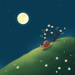 A small snail slowly climbing up a hillside on a summer night, under a full moon shining brightly in the sky