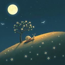 A small snail slowly climbing up a hillside on a summer night, under a full moon shining brightly in the sky