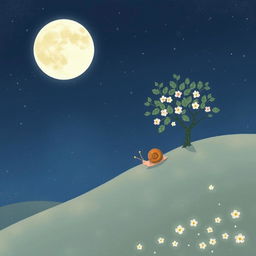 A small snail slowly climbing up a hillside on a summer night, under a full moon shining brightly in the sky