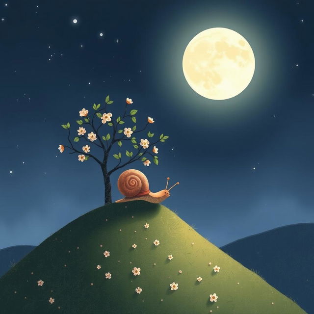 A small snail slowly climbing up a hillside on a summer night, under a full moon shining brightly in the sky