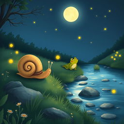 A whimsical illustration of a small snail journeying during a summer night, making its way to the edge of a tranquil brook