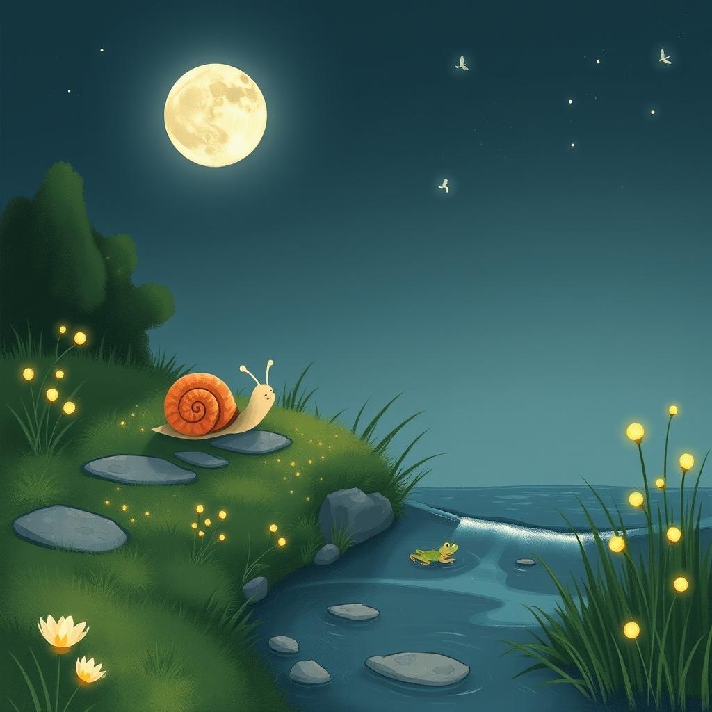 A whimsical illustration of a small snail journeying during a summer night, making its way to the edge of a tranquil brook