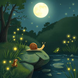 A whimsical illustration of a small snail journeying during a summer night, making its way to the edge of a tranquil brook