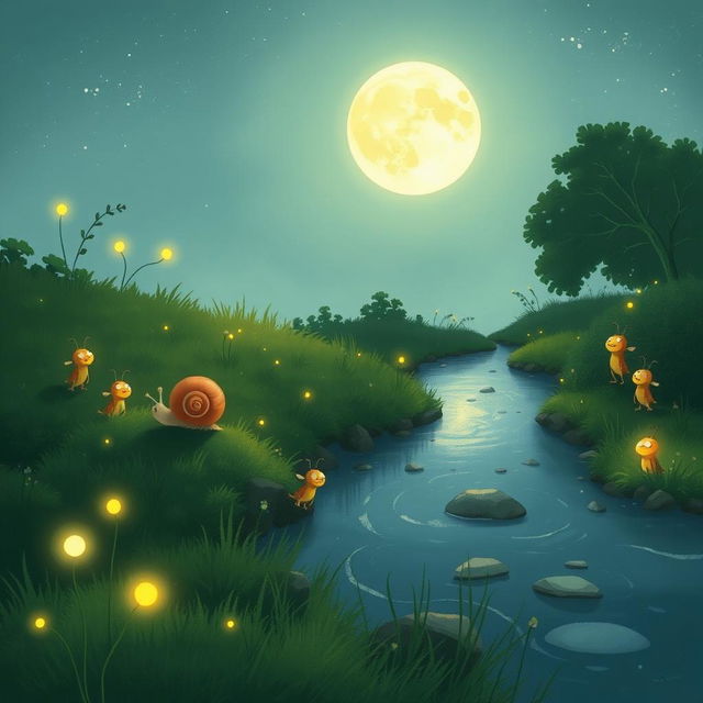 A whimsical illustration of a small snail journeying during a summer night, making its way to the edge of a tranquil brook