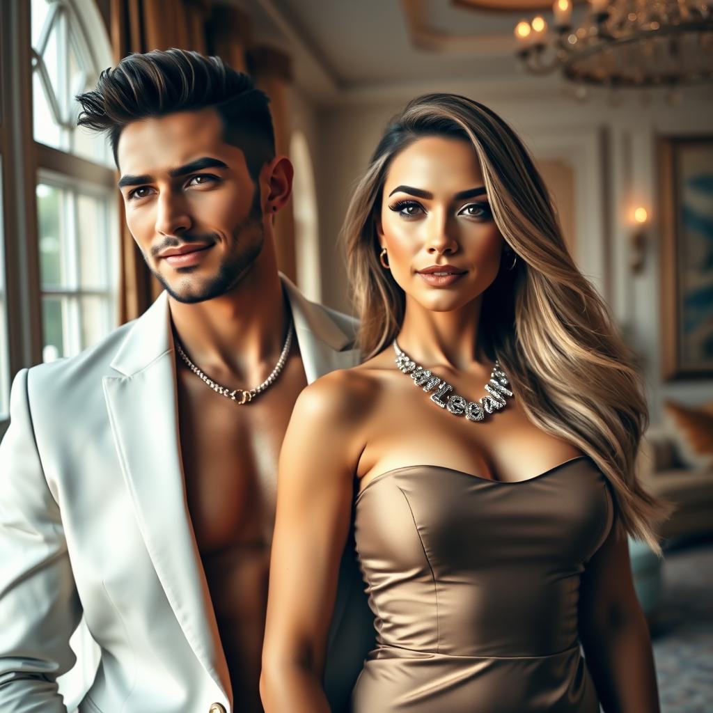 A stylish and glamorous portrait of a sexy, handsome couple living in a luxurious mansion