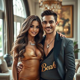A stylish and glamorous portrait of a sexy, handsome couple living in a luxurious mansion