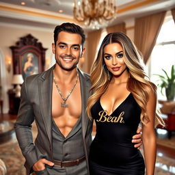 A stylish and glamorous portrait of a sexy, handsome couple living in a luxurious mansion