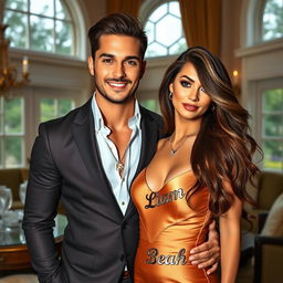 A stylish and glamorous portrait of a sexy, handsome couple living in a luxurious mansion