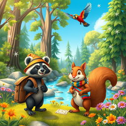 A whimsical scene of a group of adventurous animals embarking on a journey through a vibrant, enchanted forest