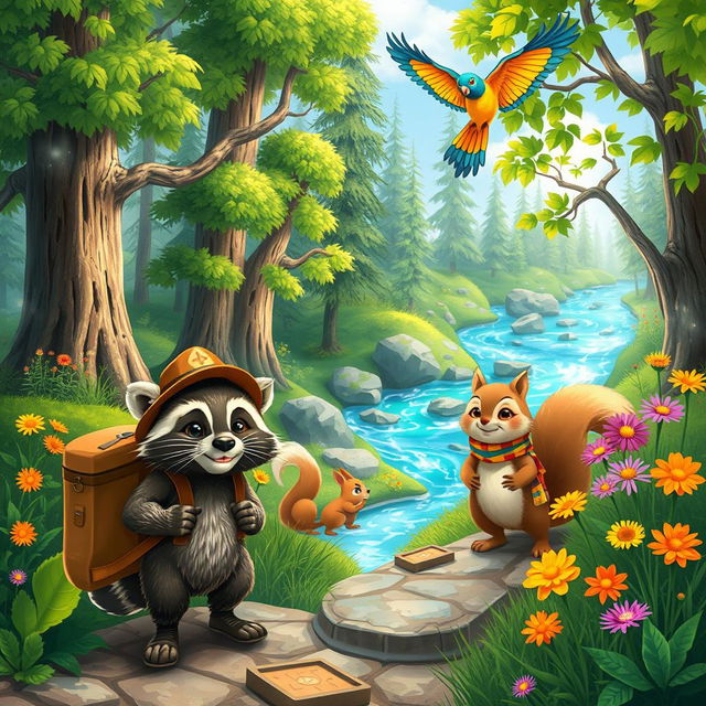 A whimsical scene of a group of adventurous animals embarking on a journey through a vibrant, enchanted forest