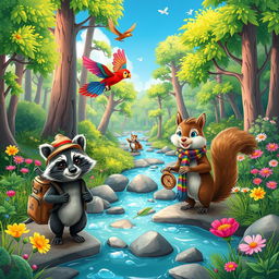 A whimsical scene of a group of adventurous animals embarking on a journey through a vibrant, enchanted forest