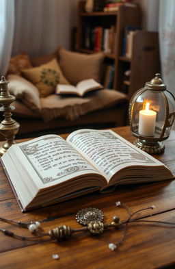 A beautiful arrangement of a Bengali book lying open on a wooden table, surrounded by delicate, traditional Bengali artifacts, with a soft, warm light illuminating the pages