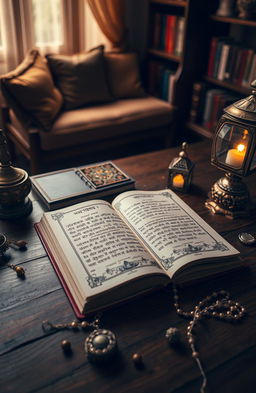 A beautiful arrangement of a Bengali book lying open on a wooden table, surrounded by delicate, traditional Bengali artifacts, with a soft, warm light illuminating the pages