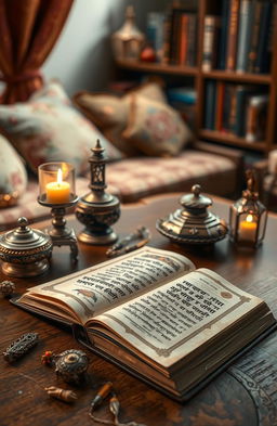 A beautiful arrangement of a Bengali book lying open on a wooden table, surrounded by delicate, traditional Bengali artifacts, with a soft, warm light illuminating the pages