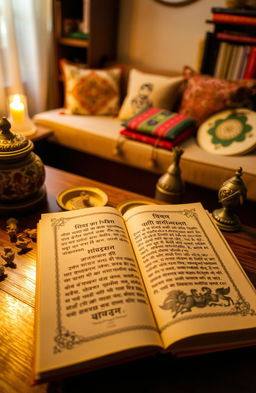 A beautiful arrangement of a Bengali book lying open on a wooden table, surrounded by delicate, traditional Bengali artifacts, with a soft, warm light illuminating the pages