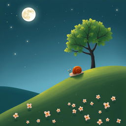 A small snail slowly climbing up a hillside on a summer night, beneath a full moon shining brightly in the sky