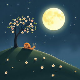 A small snail slowly climbing up a hillside on a summer night, beneath a full moon shining brightly in the sky