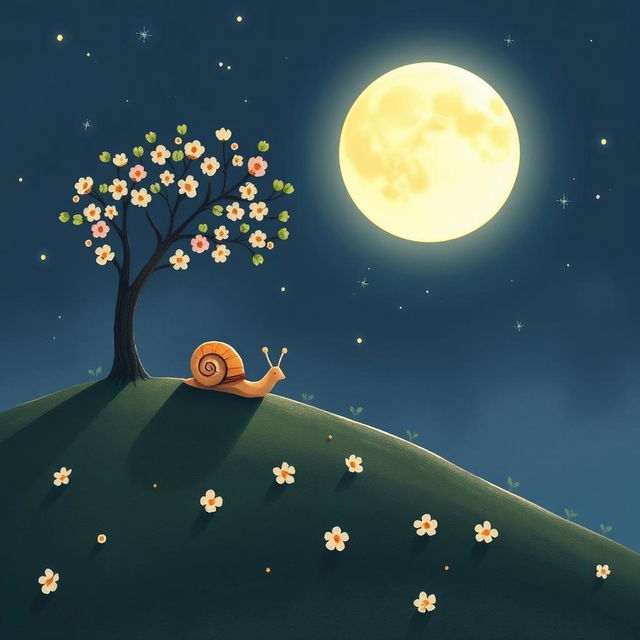 A small snail slowly climbing up a hillside on a summer night, beneath a full moon shining brightly in the sky