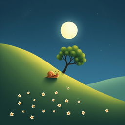 A small snail slowly climbing up a hillside on a summer night, beneath a full moon shining brightly in the sky