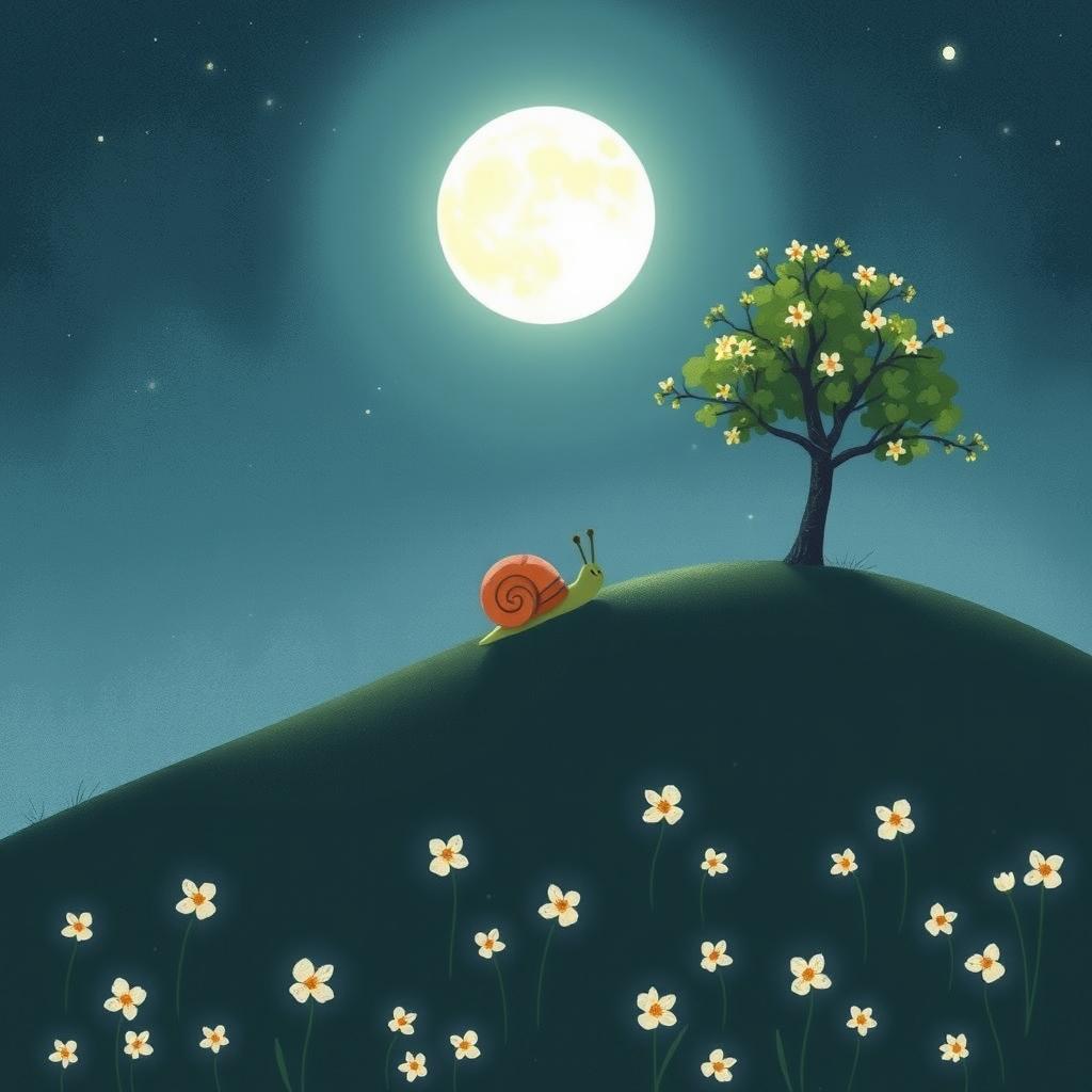 A small snail slowly climbing up a hillside on a summer night, beneath a full moon shining brightly in the sky