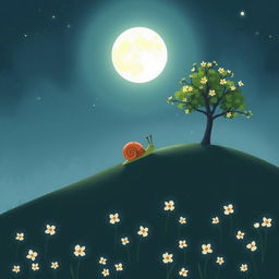 A small snail slowly climbing up a hillside on a summer night, beneath a full moon shining brightly in the sky