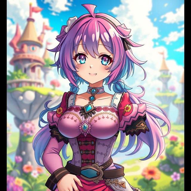 a charming anime girl with an oversized chest, featuring vibrant, colorful hair and intricate, stylish clothing