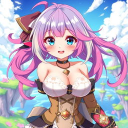 a charming anime girl with an oversized chest, featuring vibrant, colorful hair and intricate, stylish clothing