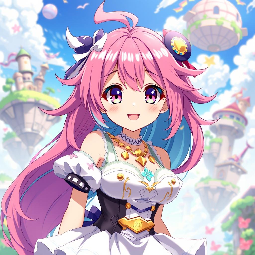 a charming anime girl with an oversized chest, featuring vibrant, colorful hair and intricate, stylish clothing