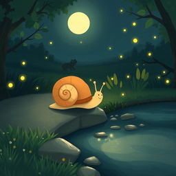 A charming illustration of a small snail gliding through a serene summer night, reaching the edge of a tranquil brook