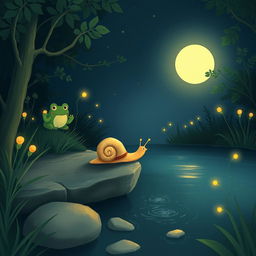 A charming illustration of a small snail gliding through a serene summer night, reaching the edge of a tranquil brook