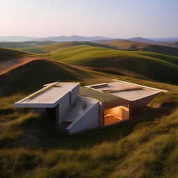 Architectural design of a building partitioned by stairs running from the ground floor to the attic, set in the landscape of rolling hills