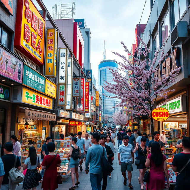 A vibrant and bustling scene in Nakano, Tokyo, showcasing the famous Nakano Broadway shopping complex
