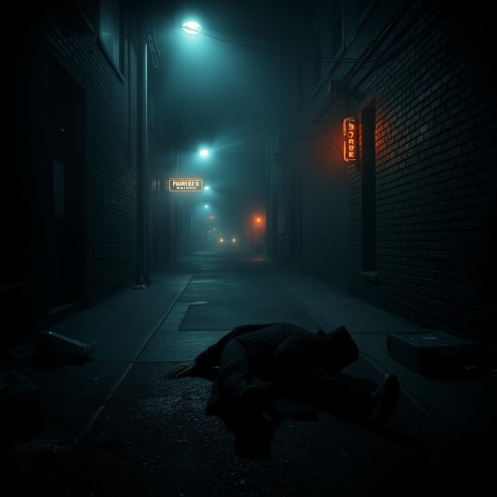 A dark, eerie alley street at night, shrouded in mist, with dim streetlights casting haunting shadows
