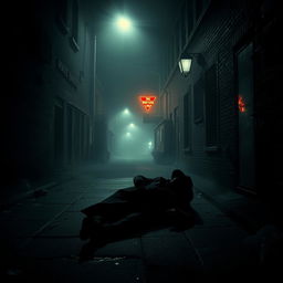 A dark, eerie alley street at night, shrouded in mist, with dim streetlights casting haunting shadows