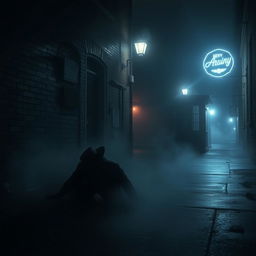 A dark, eerie alley street at night, shrouded in mist, with dim streetlights casting haunting shadows