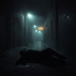 A dark, eerie alley street at night, shrouded in mist, with dim streetlights casting haunting shadows