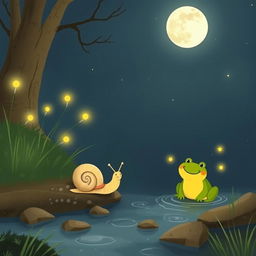 A whimsical illustration of a small snail making its way to the edge of a babbling brook on a warm summer night