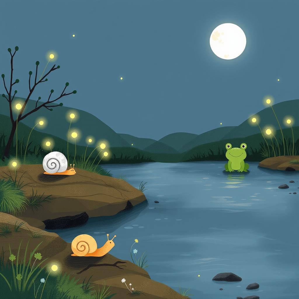 A whimsical illustration of a small snail making its way to the edge of a babbling brook on a warm summer night