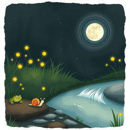 A whimsical illustration of a small snail making its way to the edge of a babbling brook on a warm summer night