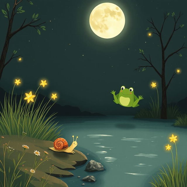 A whimsical illustration of a small snail making its way to the edge of a babbling brook on a warm summer night