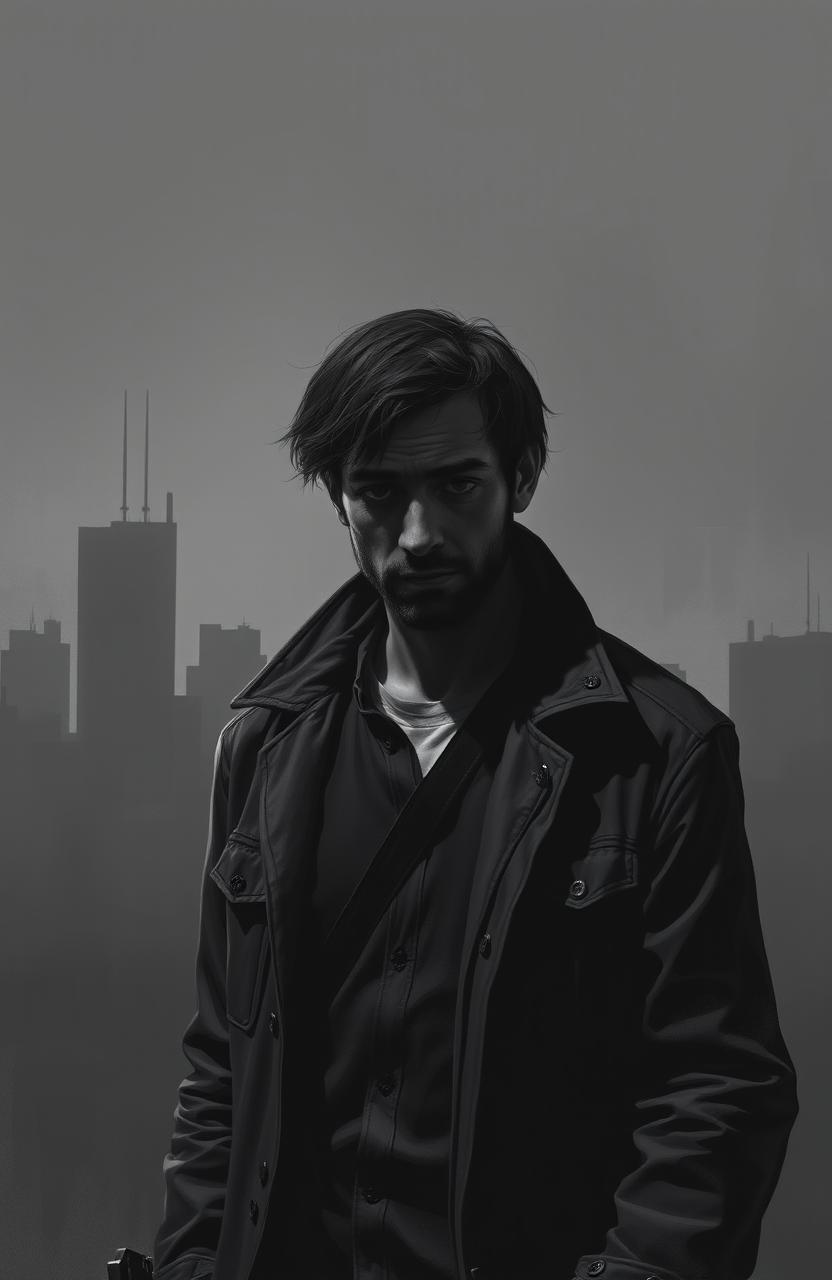 A digital painting featuring a sad man standing alone in a stark black and white world