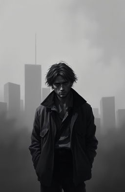 A digital painting featuring a sad man standing alone in a stark black and white world