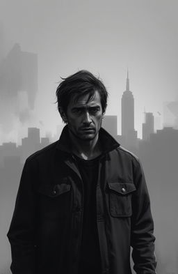 A digital painting featuring a sad man standing alone in a stark black and white world