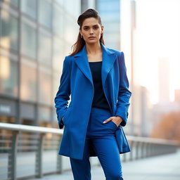 A stylish person wearing a chic blue coat and blue pants, standing confidently in an urban setting